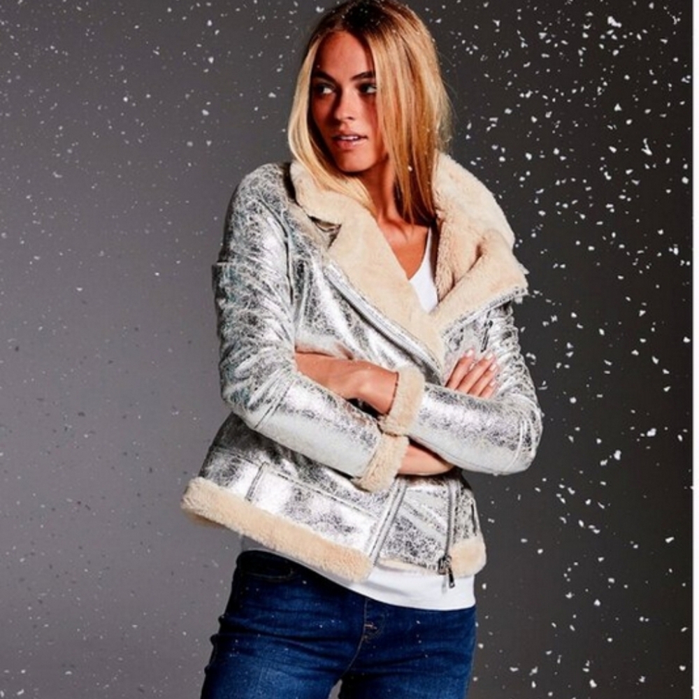 Tommy Hilfiger Metallic Silver Shearling Lined Distressed Motorcycle Jacket M